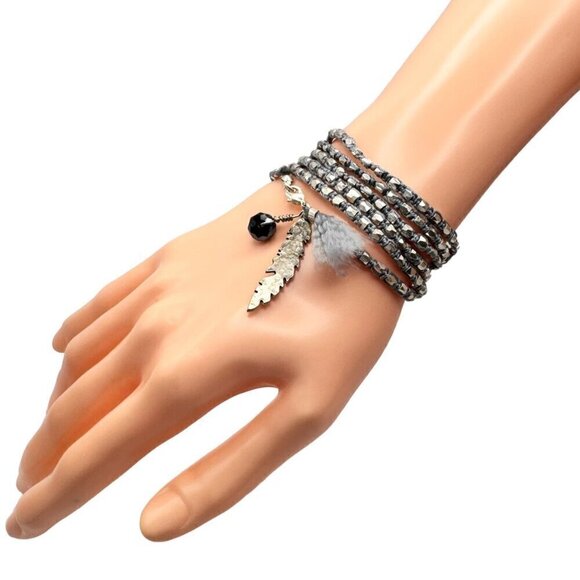 NWT Silver Beaded Braided Multi Wrap Feather Charm Bracelet - Picture 8 of 10